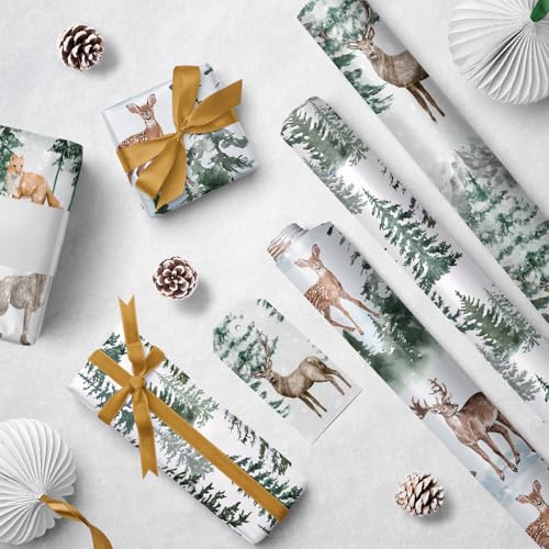 WRAPAHOLIC Kraft Christmas Wrapping Paper Roll - Mini Roll - 3 Rolls - 17 Inch x 120 Inch Per Roll - Watercolor Elk, Wild Animal and Winter Forest Landscape Holiday Collection - color: Blue Wild Animals