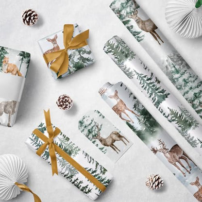 WRAPAHOLIC Kraft Christmas Wrapping Paper Roll - Mini Roll - 3 Rolls - 17 Inch x 120 Inch Per Roll - Watercolor Elk, Wild Animal and Winter Forest Landscape Holiday Collection - color: Blue Wild Animals