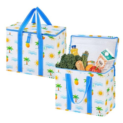 VENO 2 Pack Insulated Grocery Bags, Hard Bottom, Tropical Island - color: Tropical Island, size: 15.7"W x 12.6"H x 8.7"D - 2 Pack