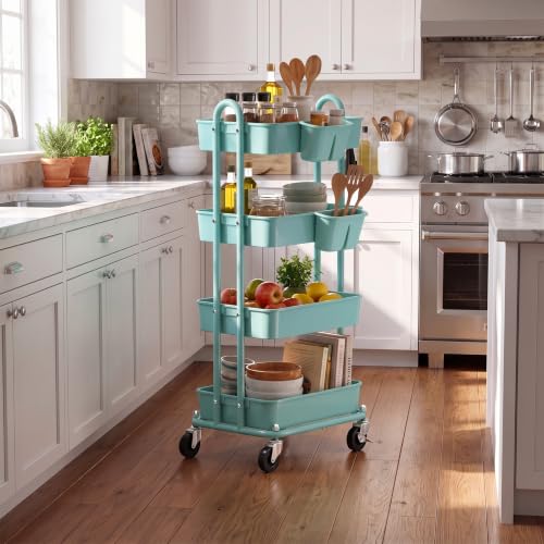Simple Houseware 4-Tier Rolling Utility Cart with Hanging Bucket, Turquoise - color: Turqoise, size: 4-Tier