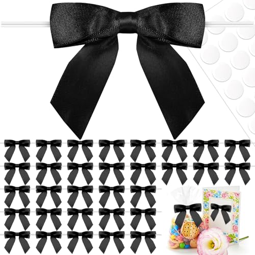 50 Pcs Black Satin Ribbon Bows, 3.5" x 3.5", with Twist Ties - color: Black
