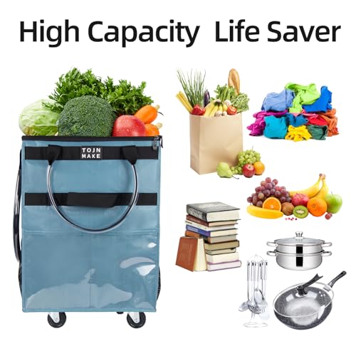 Reusable Grocery Bag with Wheels, Large Blue Rolling Tote - color: Blue, size: Large