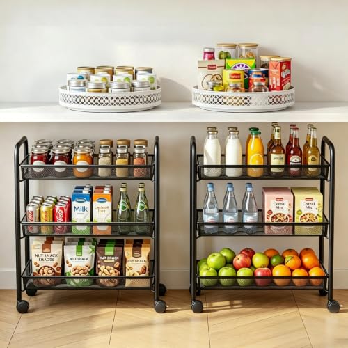 3-Tier Mesh Rolling Cart - 24.8" H Fits Under Desk Metal Cart with Wheel - color: Black, size: 3 tier