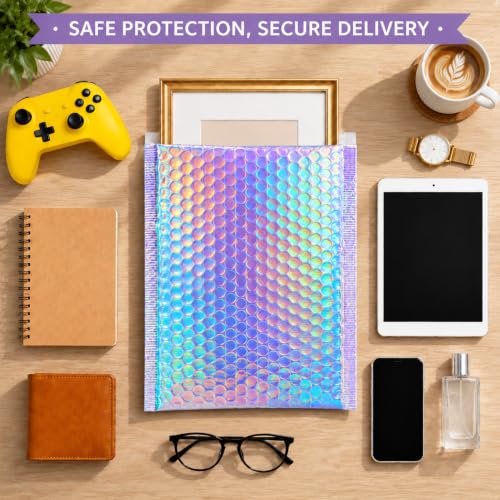 50Pack Bubble Mailers, Holographic Bubble Padded Envelopes, 3 Sizes