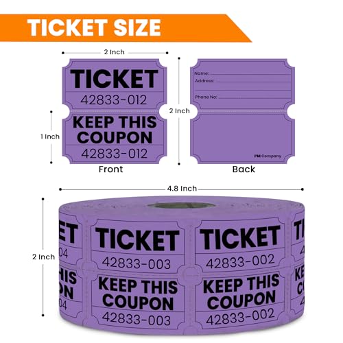 PM Company 2000 Pcs (1000 Pairs) Raffle Tickets Double Roll, 50/50 Purple - color: Purple