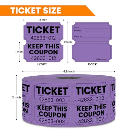 PM Company 2000 Pcs (1000 Pairs) Raffle Tickets Double Roll, 50/50 Purple - color: Purple