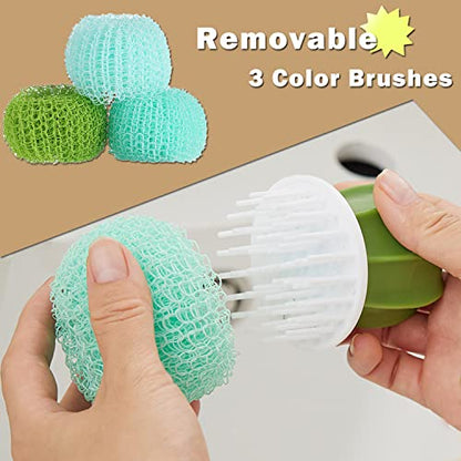 Cactus Mini Dish Brush Set with Drip Tray (3 Replacement Brushes), Durable Kitchen Cleaning Scrubbers for Plates, Pans, Pots, Sink (Green) - color: Green