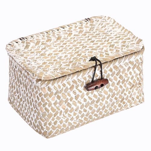 Hipiwe Wicker Shelf Basket Box Mini Seagrass Baskets with Lid,6.1"x4"x3.3" - color: Whitewash color, size: 6.1" x 4" x 3.3"