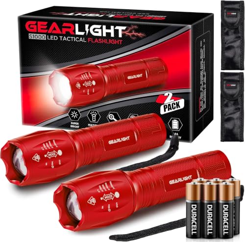 GearLight LED Flashlight High Lumens, Mini Tactical LED Flashlight 2 Pack, 5 Modes Zoomable Beam, Battery Powered for Camping, Hunting, Home & Emergency, Compact Small LED Flashlight (Red) - color: Red