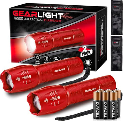 GearLight LED Flashlight High Lumens, Mini Tactical LED Flashlight 2 Pack, 5 Modes Zoomable Beam, Battery Powered for Camping, Hunting, Home & Emergency, Compact Small LED Flashlight (Red) - color: Red