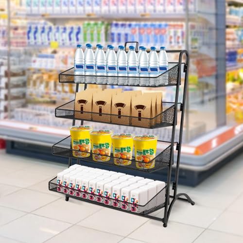 4 Tiers Retail Display Stand, Retail Candy Display Rack, Chip Rack Display Stand, Snack Organizer, Countertop Display Candy Snacks Rack, Snack Shelf for Stores, Office, Bakery, Supremarket (Black)