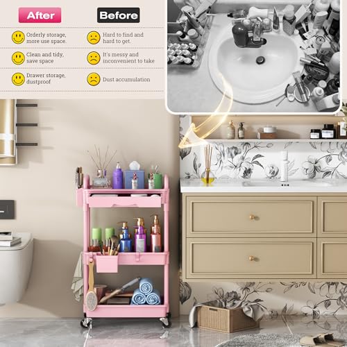 Goovilla Rolling Makeup Organizer Cart with Removable Drawer, 3 Tier Pink - color: Pink, size: 3 Tier