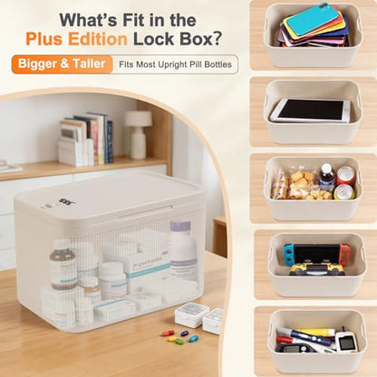 Upgraded Taller Lock Box for Medication, Phone Jail & Snacks – Large Lockable Storage Box with 3-Digit Combination Lock, Food-Safe BPA-Free Plastic– Medicine Lock Box for Home, Fridge, Travel - color: Beige Plus