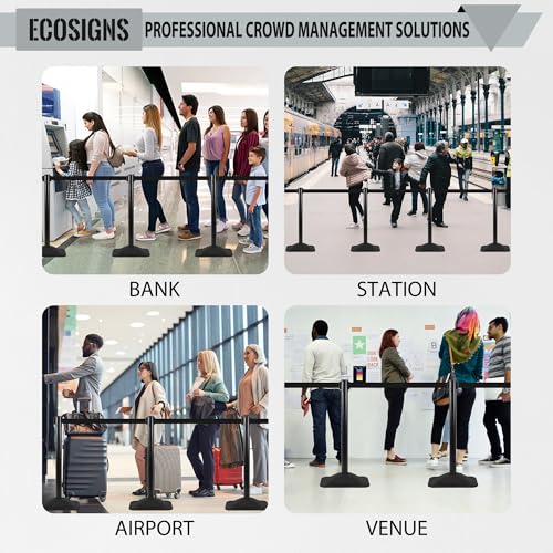 ECOSlGNS 4 Pack Heavy Duty Crowd Control Stanchions for Banks, Events, Retail w/ 10ft Retractable Belt, Non-Slip Weighted Rubber Base (Black) - color: Black, size: Rectangle Base - 4 Pack