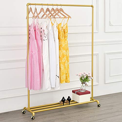 Rolling Gold Clothing Racks on Wheels, Retail Display Industrial Pipe Clothing Racks for Hanging Garment Racks for Boutiques, Home - size: 47"W X 63"H X 13.8"D