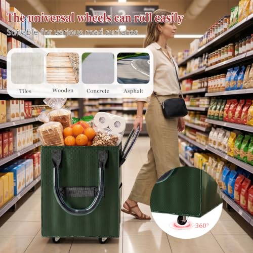 Reusable Grocery Bag on Wheel, Foldable Shopping Cart with Wheels, Can Carry up to 88 Pounds, Suitable for Groceries, Laundry, Camping and Moving. - color: Green -Medium