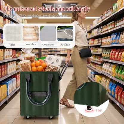 Reusable Grocery Bag on Wheel, Foldable Shopping Cart with Wheels, Can Carry up to 88 Pounds, Suitable for Groceries, Laundry, Camping and Moving. - color: Green -Medium