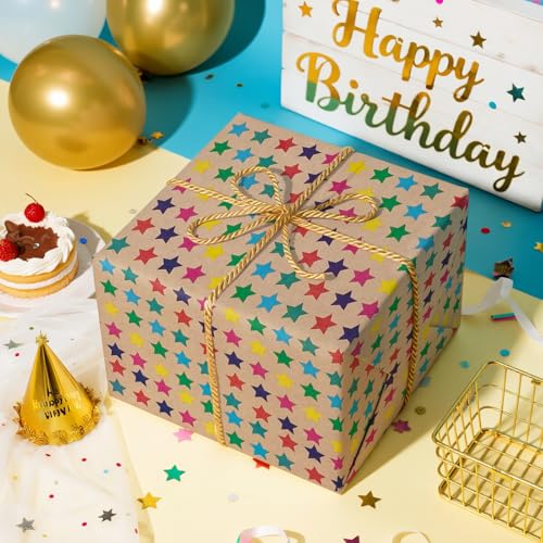 WRAPAHOLIC Kraft Wrapping Paper Roll - Striped Brown Kraft Paper for Birthday Gift Wrapping - 17in x 32.5in Each Roll, Total 46 Sq. Ft. - Stars - color: Stars, size: 1 roll (Pack of 1)