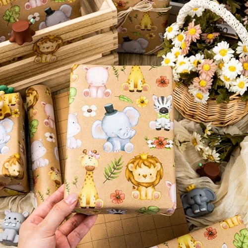 Yarcony Kraft Baby Shower Wrapping Paper, Jungle Animals Wrapping Paper, Cute Little Lion Giraffe and Elephant Themed Baby Gift Wrap for Kids Girls Boys Birthday Party Gender Neutral (17 In X 33Ft) - color: Kraft Animal, size: 17 Inch X 33 Feet