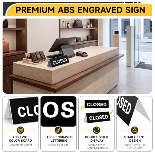 Lewtemi 3 Pcs Closed Desk Sign 3 x 8 Inch Double Sided Closed Tent Sign ABS Engraved Tabletop Display Symbol Black White Letter for Checkout Office Hotel Retail Counter Workspace
