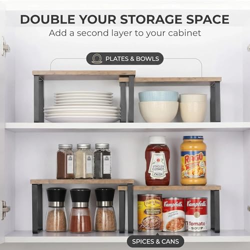 Kitchen Cabinet Organizer Shelf, Set of 4 Stackable Spice Rack Storage, Heavy Duty Metal & Wood Countertop Display Stand for Seasoning Bottles, Jars & Pantry Essentials（Brown） - color: Brown