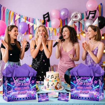 Hkshaoda Kpop Gift Bag Just A Girl Who Loves KPOP Wrapping Paper Large Disco Music Gift Bag with Tissue Paper and Card Kpop Party Decor for Teen Girls Birthday Party Supplies 11.8in