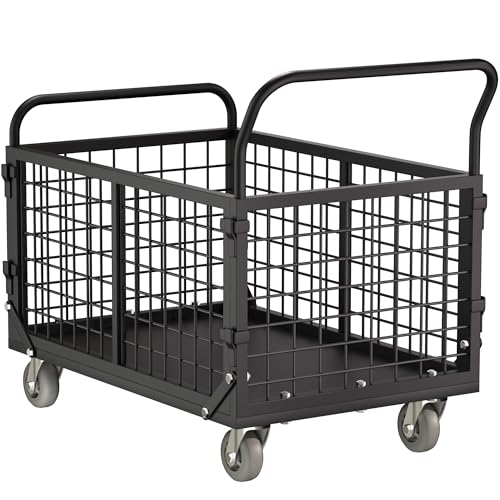 5-in-1 Folding Platform Truck, Cage Truck, 1800LBS Heavy-Duty Utility Cart & Industrial Push Cart Dolly, U-Boat Trolley, Folding Flatbed Trolley, Steel Base for Garage, Grocery, Laundry, Storage - color: Black
