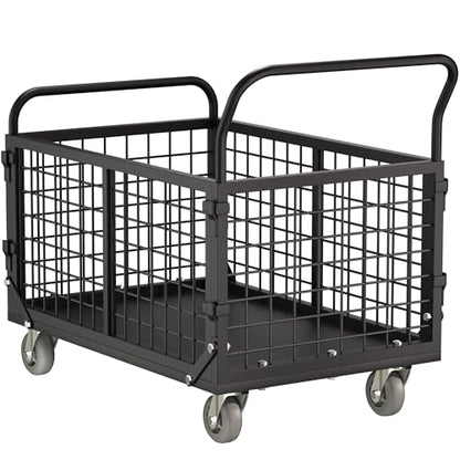 5-in-1 Folding Platform Truck, Cage Truck, 1800LBS Heavy-Duty Utility Cart & Industrial Push Cart Dolly, U-Boat Trolley, Folding Flatbed Trolley, Steel Base for Garage, Grocery, Laundry, Storage - color: Black