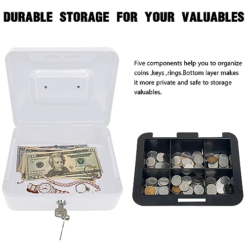 Steel Cash Box with Key Lock, Metal Small Money Organizer with Money Tray,Cash Storage Box with Lockable Cover (White- 7.8" x 6.3" x 3.3") - color: White- 7.8" x 6.3" x 3.3"