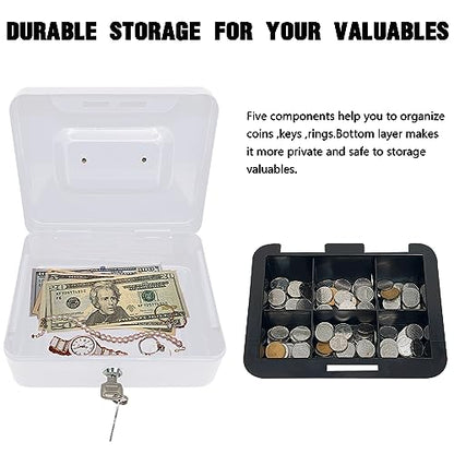 Steel Cash Box with Key Lock, Metal Small Money Organizer with Money Tray,Cash Storage Box with Lockable Cover (White- 7.8" x 6.3" x 3.3") - color: White- 7.8" x 6.3" x 3.3"