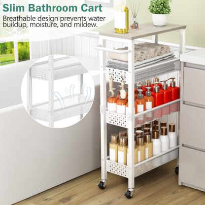 Vivihomety 4-Tier Slim Utility Rolling Laundry Cart with Wheels, Metal - color: White, size: 7.1 inch wide