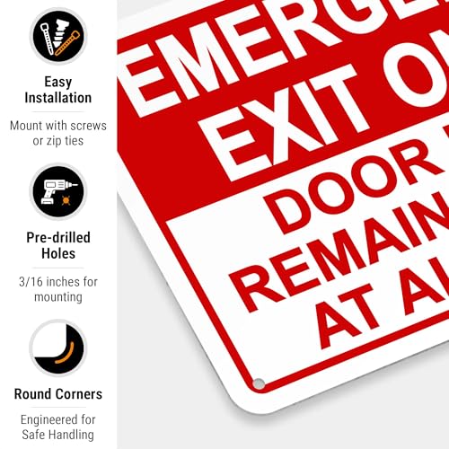Emergency Exit Only, Door Must Remain Closed Sign, - size: 10x7