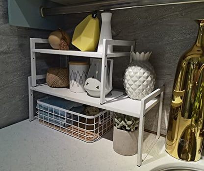 Expandable Cabinet Shelf 10.6"D Adjustable Countertop Riser Rack White - color: White, size: 10.6"D (wide) - 1 Pack