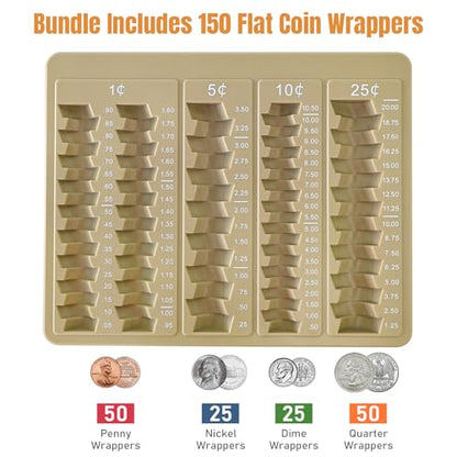 LLIKED 1PCS Brown Coin Counter Tray and Sorting Tray with 150 Coin Wrappers - color: Brown