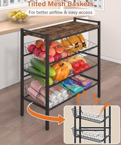 4-Tier Fruit and Vegetable Storage Rack, Freestanding Snack Stand Shelf with 6 Removable Baskets, Small Kitchen Island with Wood Top for Pantry Floor Organization, Black