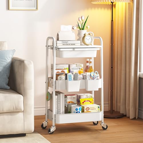 KINGRACK 3 Tier Metal Rolling Cart with Drawer, White Utility Storage Cart - color: White
