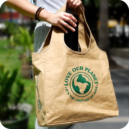 Reusable Grocery Bag – Large Sustainable Washable Paper Tote with Reinforced Seams. Foldable and Durable. - style: Shoulder Bag - 6" X 16" X 15"