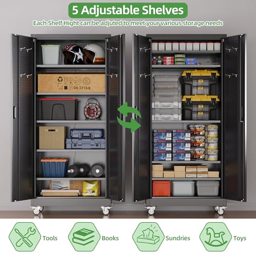 71 in. Garage Storage Cabinet with Wheels, 5 Shelves, Black - color: Black, size: 16"D x 32"W x 71"H