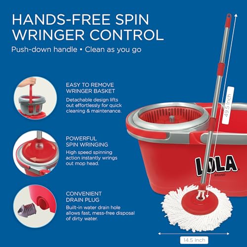 Revolution Deluxe Spin Mop & Bucket, w/ 3 Microfiber Washable Heads, 1 Pair Microfiber Mop Slippers, Fast Dry, Deep Clean Floors & Hands-Free Wringer, Easy Spin Dry, No Exhaustive Foot Pedal, LOLA
