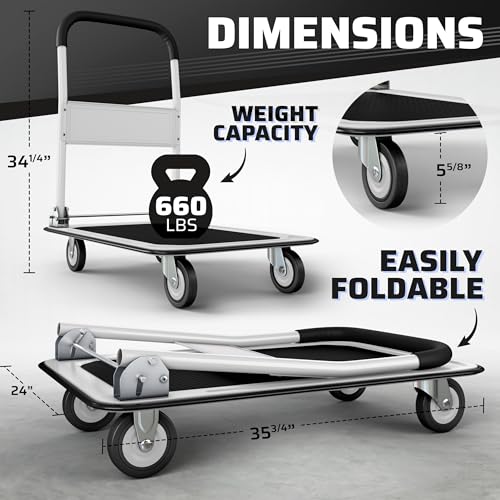 Heavy Duty Foldable Push Cart Dolly | 660 lbs. Capacity | Upgraded Collapsible Hand Truck Folding Platform with Swivel Wheels | Flat Bed Moving Wagon | Space Saving Push Handle (White) - color: White, 660 Lbs. Capacity
