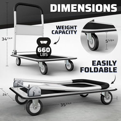 Heavy Duty Foldable Push Cart Dolly | 660 lbs. Capacity | Upgraded Collapsible Hand Truck Folding Platform with Swivel Wheels | Flat Bed Moving Wagon | Space Saving Push Handle (White) - color: White, 660 Lbs. Capacity
