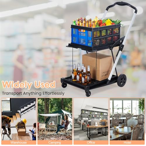 Foldable Shopping Cart, 1 Storage Crate, 2 Tier Collapsible Utility Cart - color: Blue