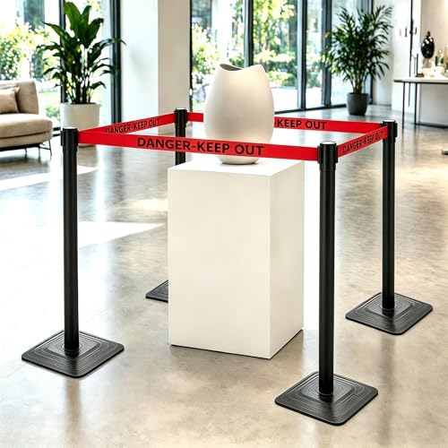 4 Pack Crowd Control Stanchions with 10FT Retractable Red Warning Belt - color: DANGER-KEEP OUT BELT