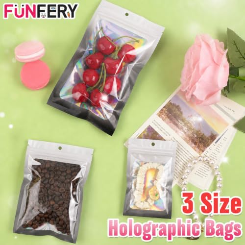 Funfery 300 Pack 3Size Mylar Holographic Bags with Clear Window,Black White - color: Black White, size: 3x4.7+4x6+4.7x7.9 Inch