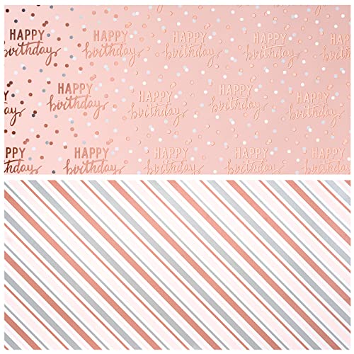 LeZakaa Reversible Pink Birthday Wrapping Paper Roll for Girls Women, Happy Birthday Lettering & Stripe Pattern with Metallic Foil in Pink, Mini Roll, 17 inches x 32.8 Feet (46.45 sq.ft.) - color: Birthday - Metallic Pink, size: 17" X 32.8 ft