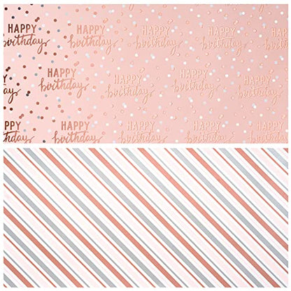 LeZakaa Reversible Pink Birthday Wrapping Paper Roll for Girls Women, Happy Birthday Lettering & Stripe Pattern with Metallic Foil in Pink, Mini Roll, 17 inches x 16.4 Feet - color: Birthday - Metallic Pink, size: 17" X 16.4 ft