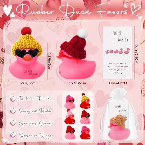 Liliful 24 Sets Pink Red Rubber Ducks with Knit Hat Sunglasses Card Bag - color: Pink Red