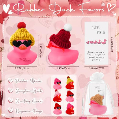 Liliful 24 Sets Pink Red Rubber Ducks with Knit Hat Sunglasses Card Bag - color: Pink Red