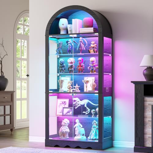 6-Tier Arched Glass Display Cabinet with RGB Lights & Lock - color: Black 6 Tier
