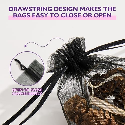 PACKINNO 100pcs Black Organza Bags, Sheer Organza Bags 4x6 Inch, Small Mesh Bag, Drawstring Gift Bags for Party, Candy, Christmas, Festival, Bathroom Soaps, Makeup, Jewelry - color: Black